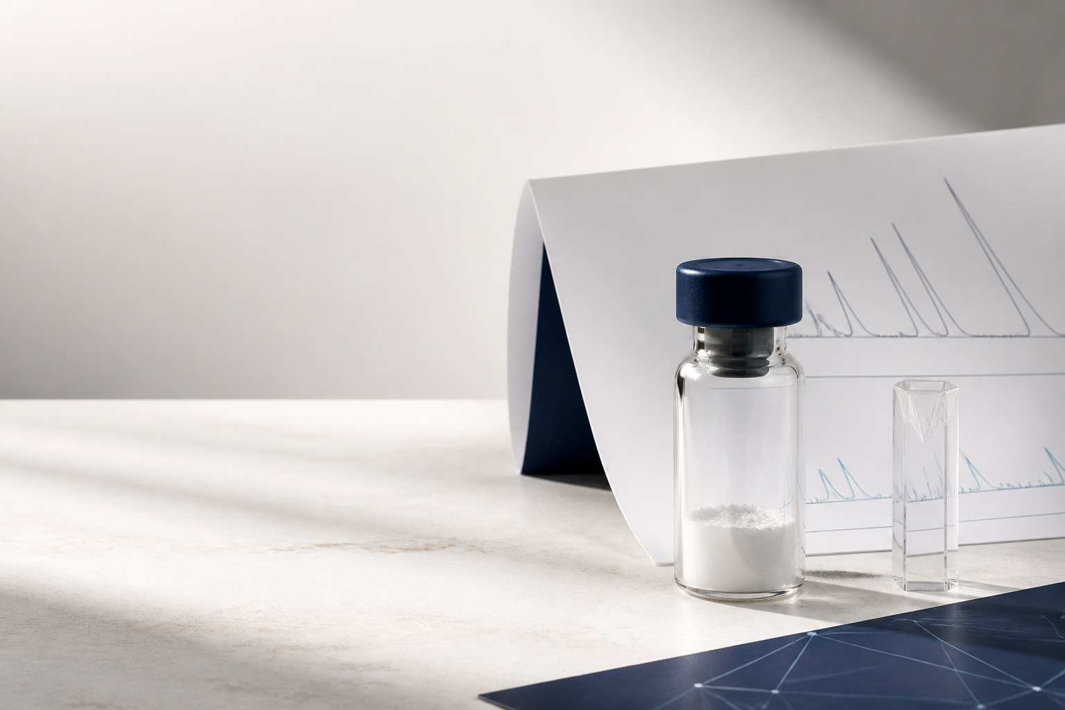 Unbranded laboratory research vial beside analytical documentation